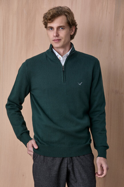 Koyu Yeşil %100 Pamuk Fermuarlı Kazak 