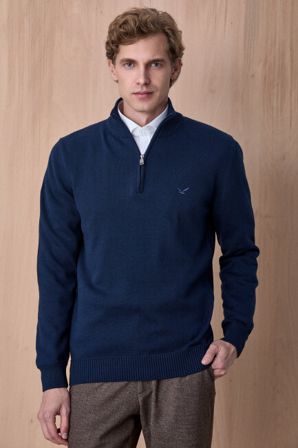 Petrol %100 Pamuk Fermuarlı Kazak 