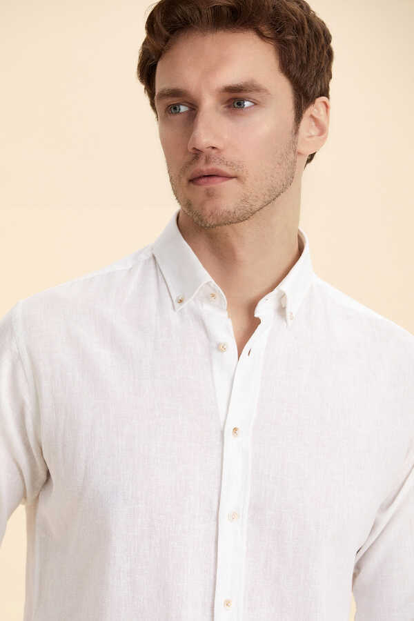 White Linen Cotton Blend Shirt