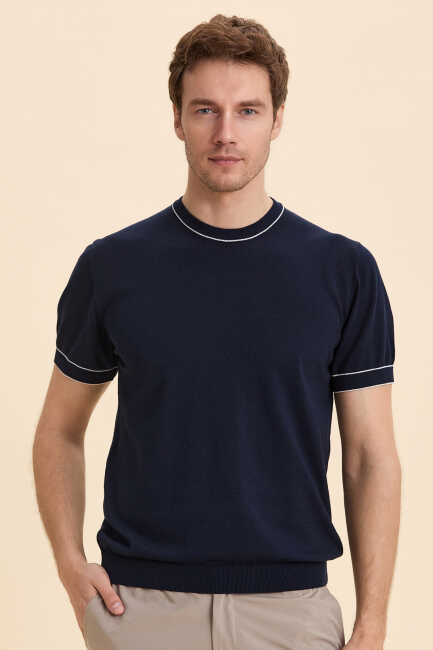 Navy Blue Crew Neck Short Sleeve Knitwear Lacivert