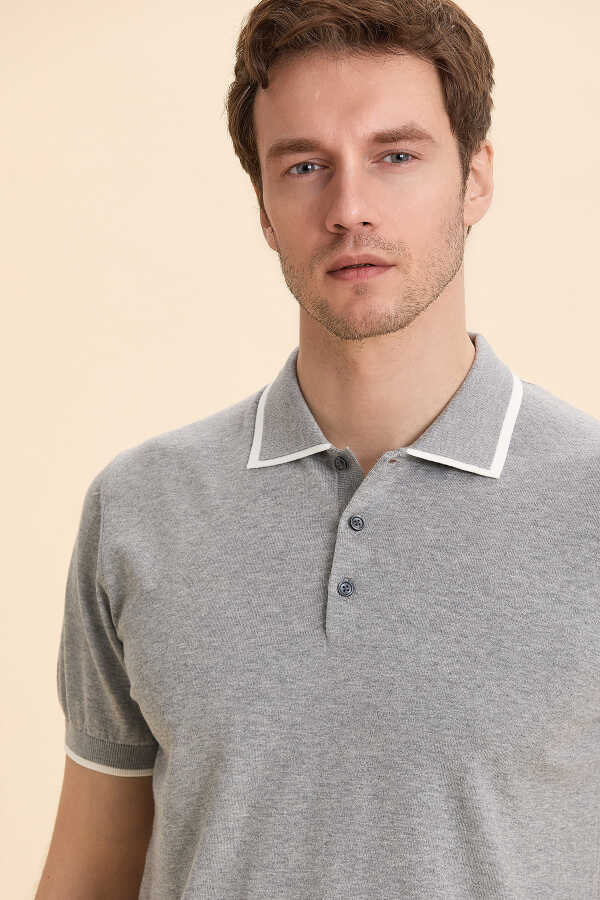 Gray Melange 100% Cotton Polo Knitwear