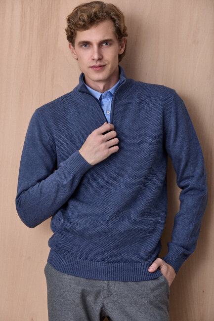 Denim %100 Pamuk Fermuarlı Kazak