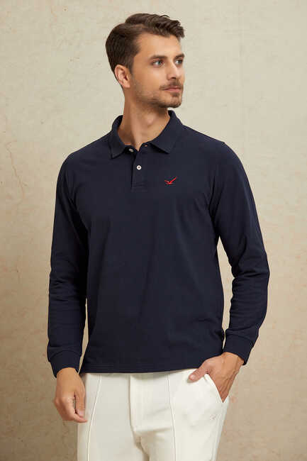 Lacivert %100 Pamuk Polo Sweatshirt 