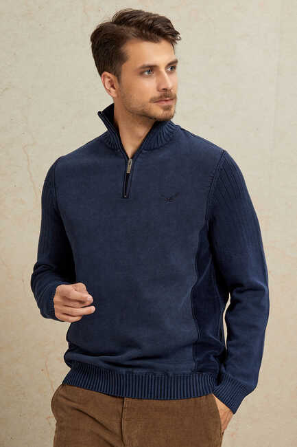 Navy Blue 100% Cotton Half-Zip Sweater 