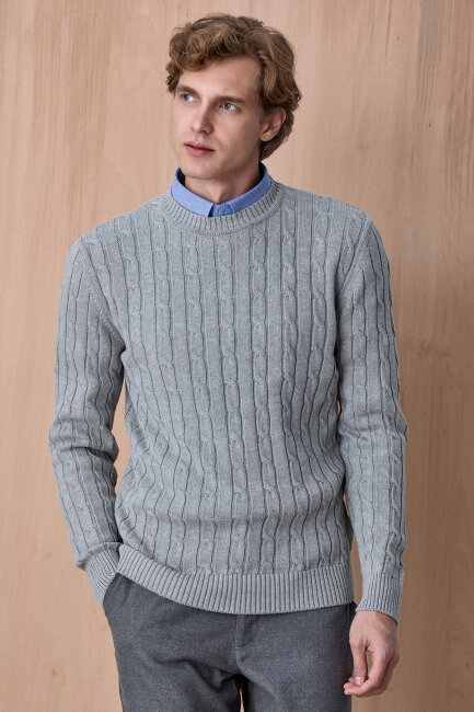 Grey Braided 100% Cotton Crew Neck Sweater 