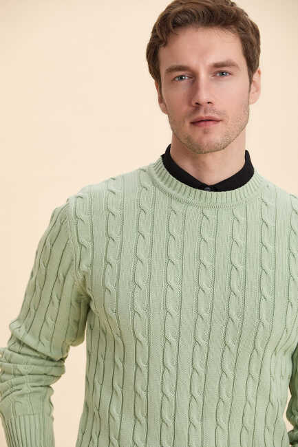 Light Green Hair Knitted Crew Neck Knitwear Açık Yeşil