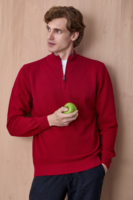 Kırmızı %100 Pamuk Fermuarlı Kazak