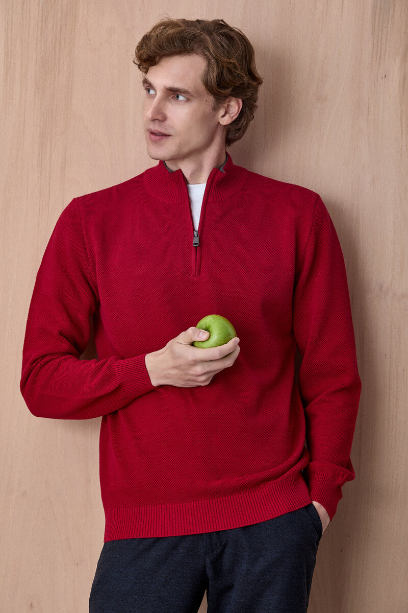 Kırmızı %100 Pamuk Fermuarlı Kazak