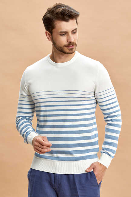 Off-Blue 100% Cotton Striped Crew Neck Sweater 