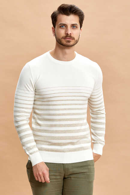 Off-white/beige 100% Cotton Striped Crew Neck Sweater 