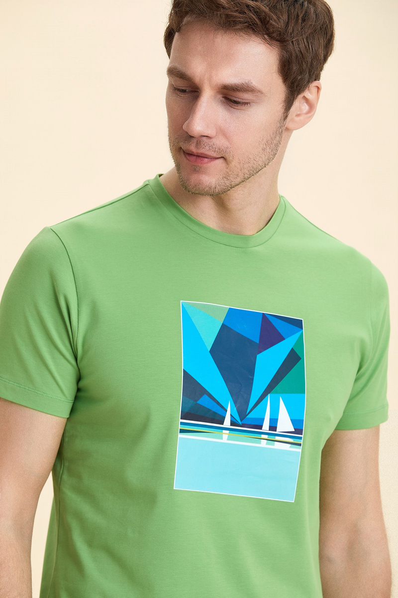 Yeşil Pamuklu Marin Baskılı Tişört