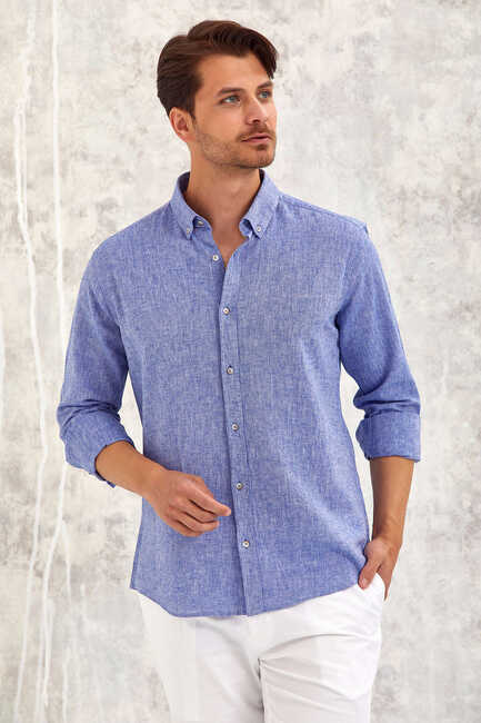 Blue Linen Cotton Blend Shirt Blue