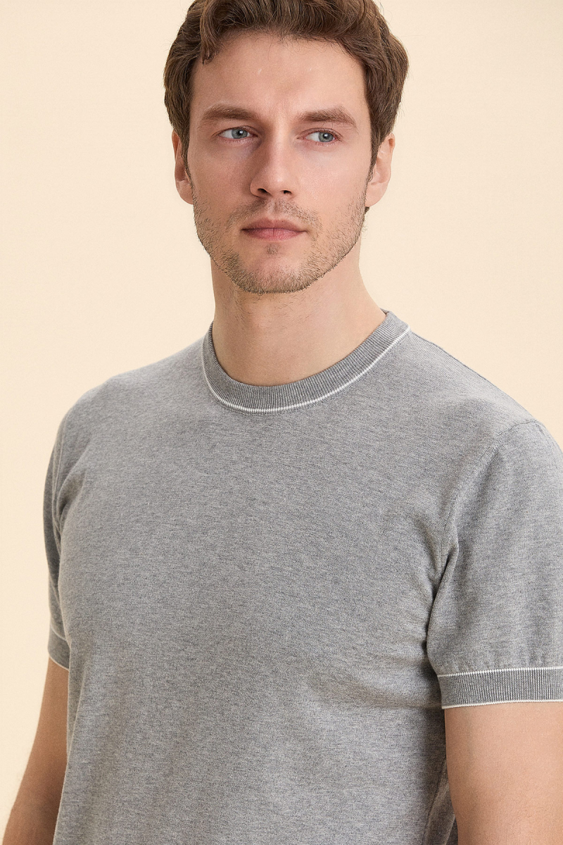 Grey Melange 100% Cotton Crew Neck Short Sleeve Sweater