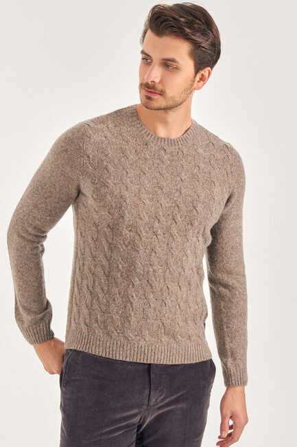 Beige Hair Knit Crew Neck Sweater Bej