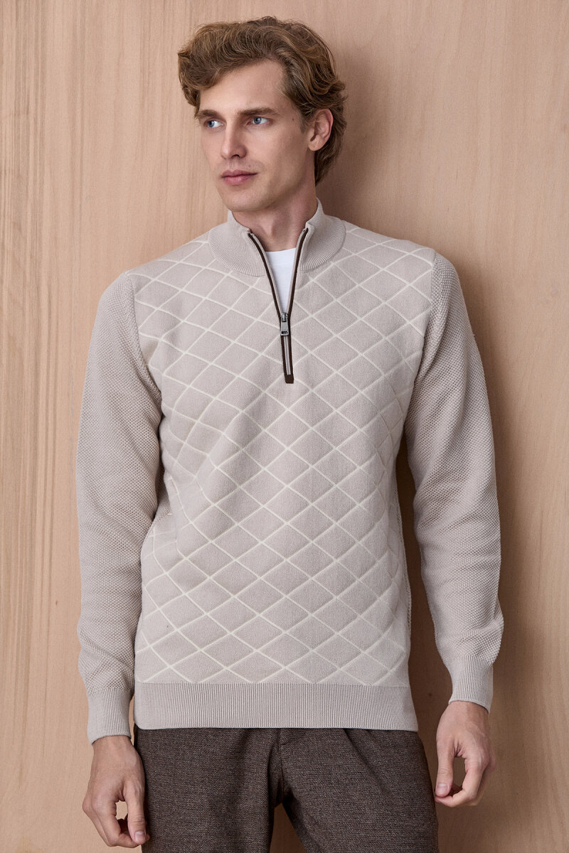 Açık Bej Pamuklu Kısa Fermuarlı Kazak