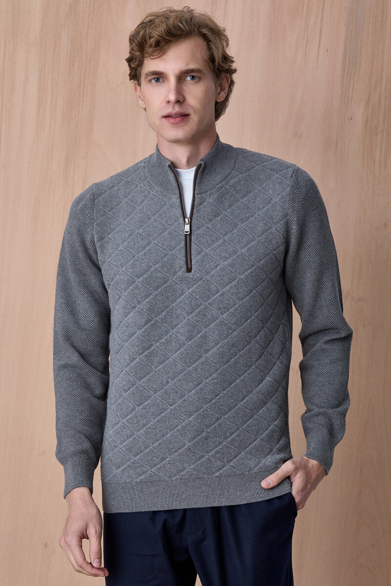 Koyu Gri Pamuklu Kısa Fermuarlı Kazak