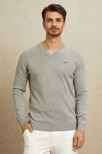 Light Grey 100% Cotton V-Neck Sweater 