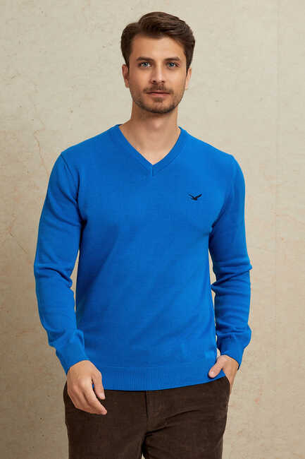 Turquoise 100% Cotton V-Neck Sweater 
