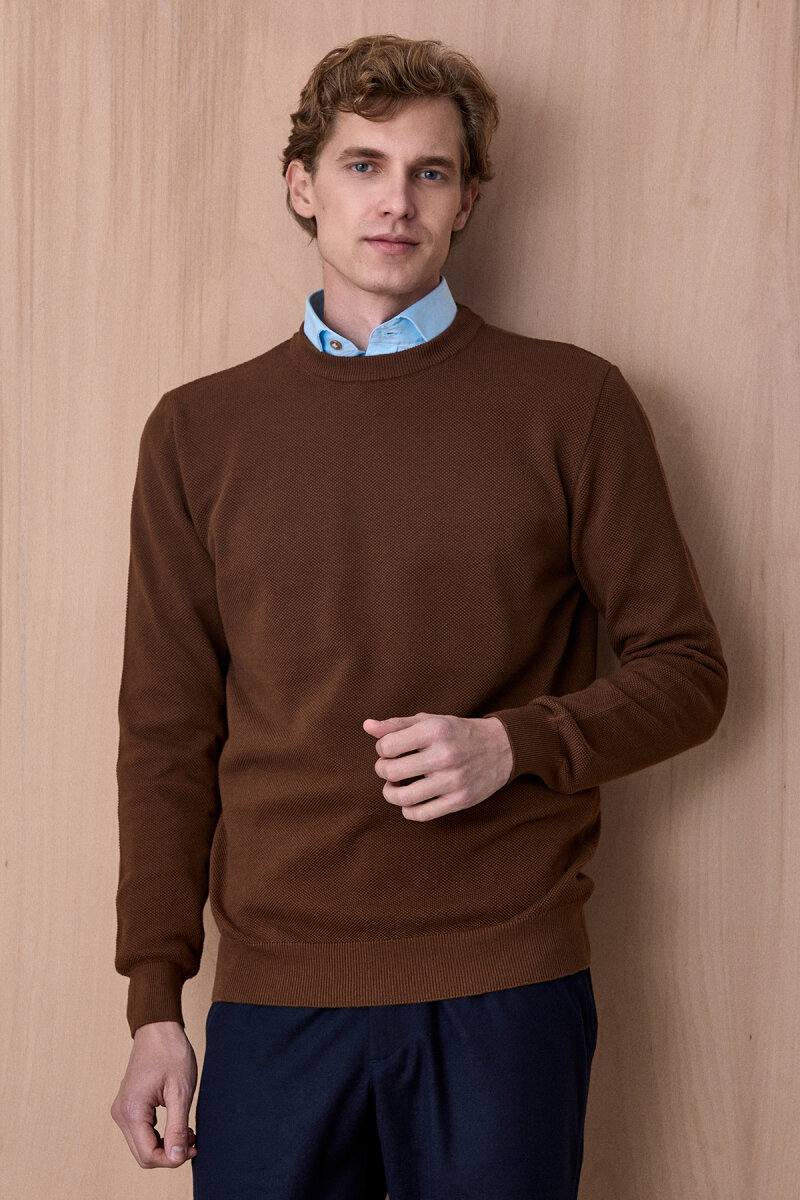 Koyu Bej %100 Pamuk Bisiklet Yaka Kazak