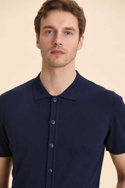 Navy Blue Polo Neck Knitwear Shirt Lacivert