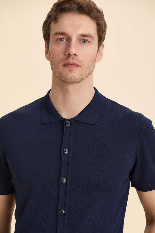 Navy Blue Polo Collar Knit Shirt