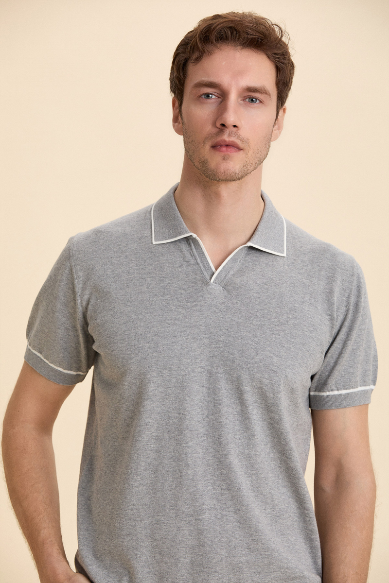 Grey Melange 100% Fine Cotton Polo Sweater