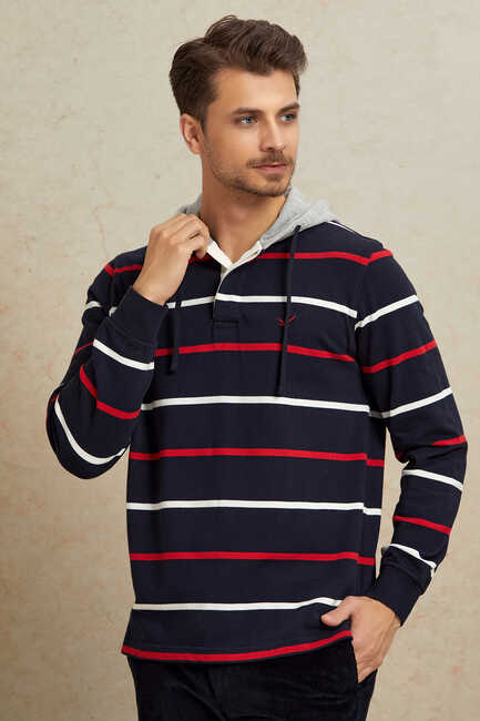 Lacivert - Kırmızı %100 Pamuk Kapüşonlu Sweatshirt