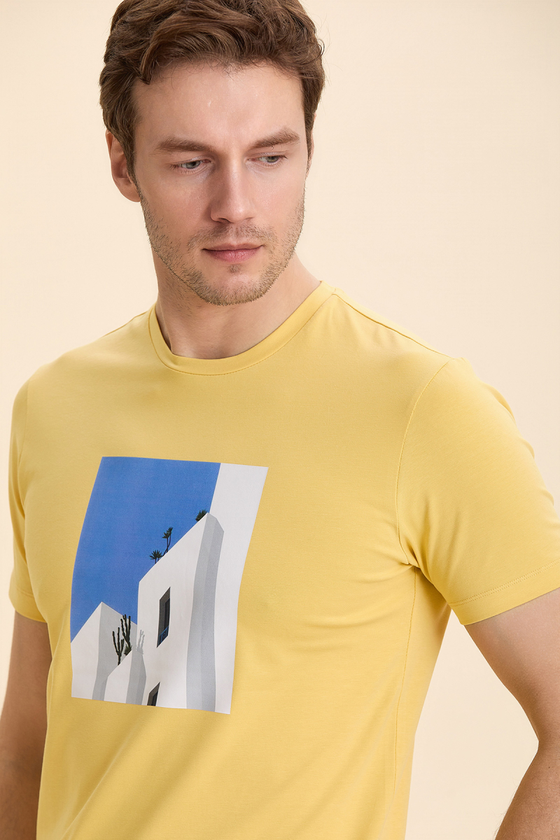 Sarı Pamuklu Bisiklet Yaka Baskılı Tişört