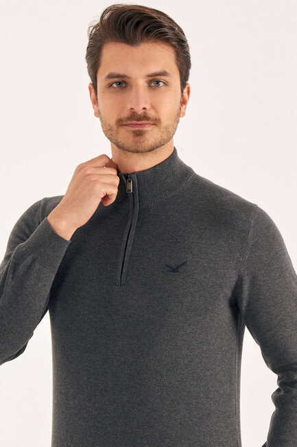Anthracite Short Zipper Knitwear Sweater Antrasit