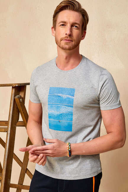 Grey Melange 100% Cotton Printed T-shirt 