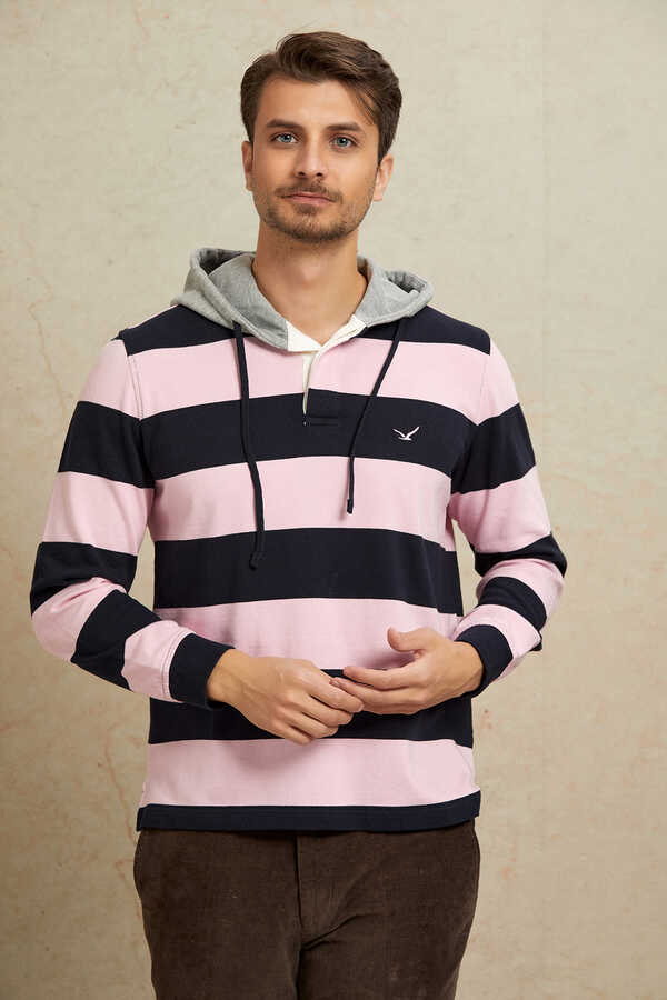 Lacivert - Pembe %100 Pamuk Kapüşonlu Sweatshirt