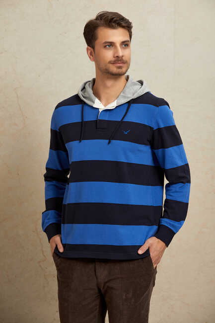 Lacivert - Royal %100 Pamuk Kapüşonlu Sweatshirt 