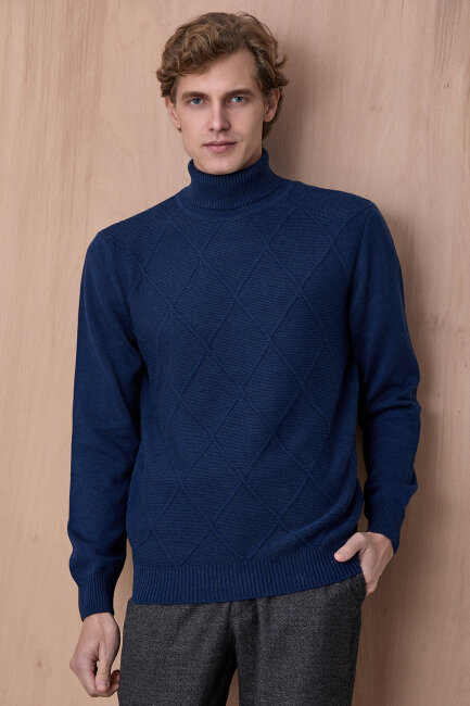 Koyu İndigo %100 Pamuk Bisiklet Yaka Kazak 