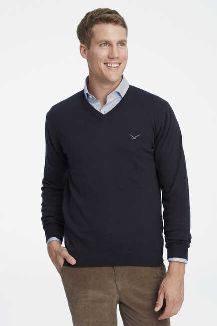 Navy Blue 100% Cotton V-Neck Sweater 