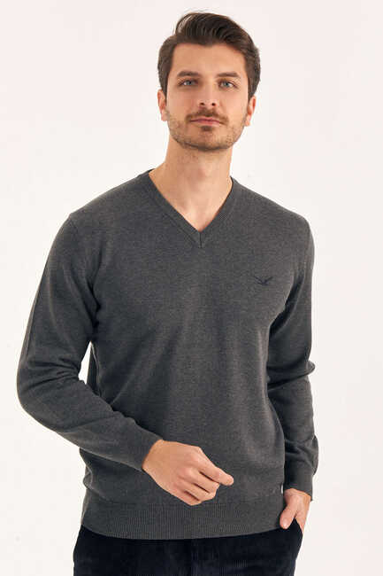 Dark Grey 100% Cotton V-Neck Sweater 