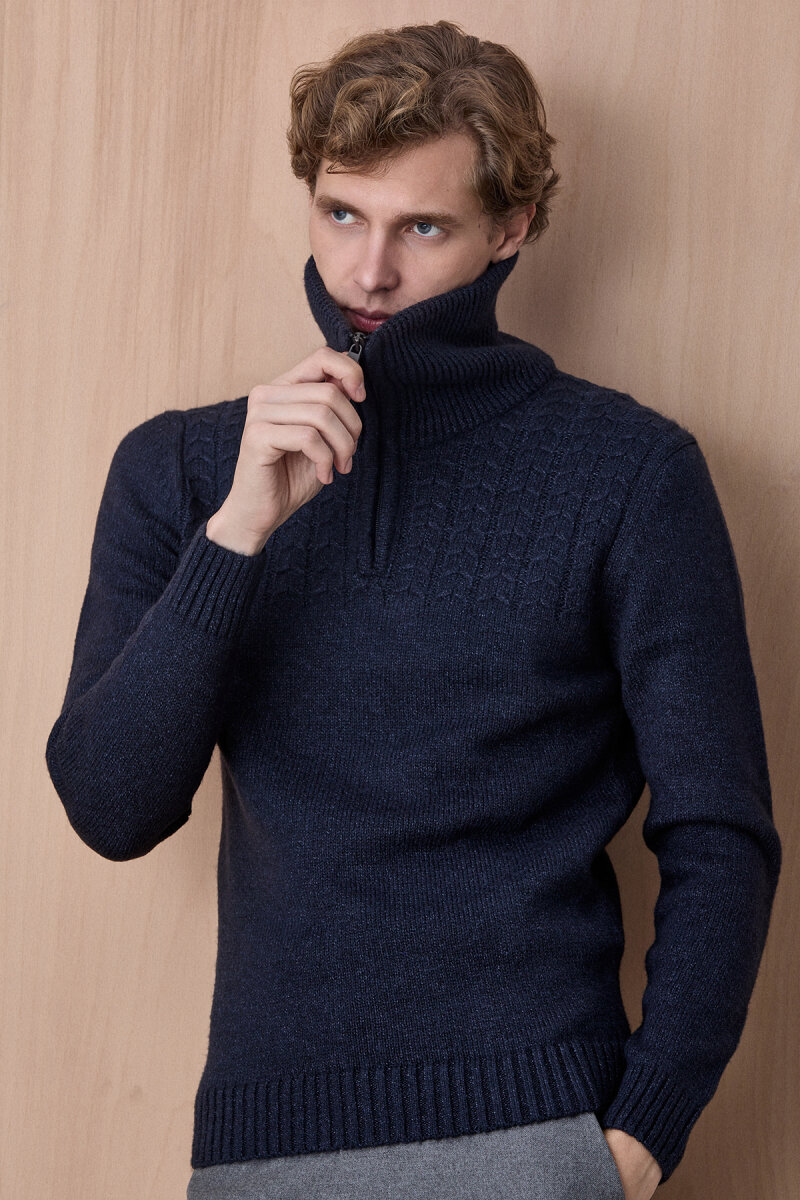 Lacivert Pamuklu Fermuarlı Kazak