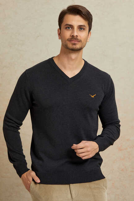Anthracite 100% Cotton V-Neck Sweater 