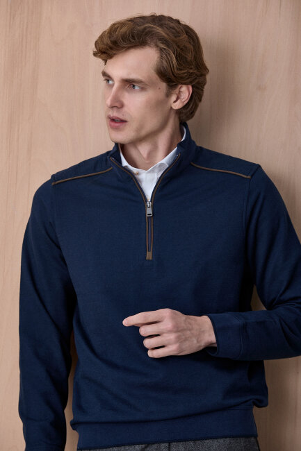 Navy Blue Short Zipper Sweater Lacivert