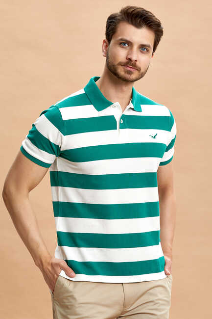 Green and White 100% Cotton Striped Polo T-shirt 