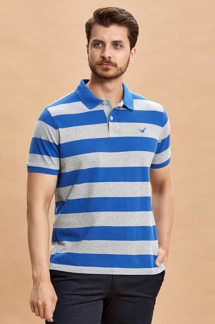 Grey - Sax 100% Cotton Striped Polo T-shirt 