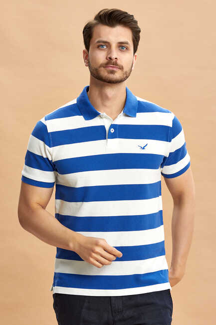 Off-White - Sax 100% Cotton Striped Polo T-Shirt 