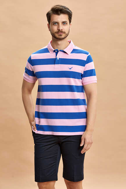 Sax - Pink 100% Cotton Striped Polo T-Shirt 