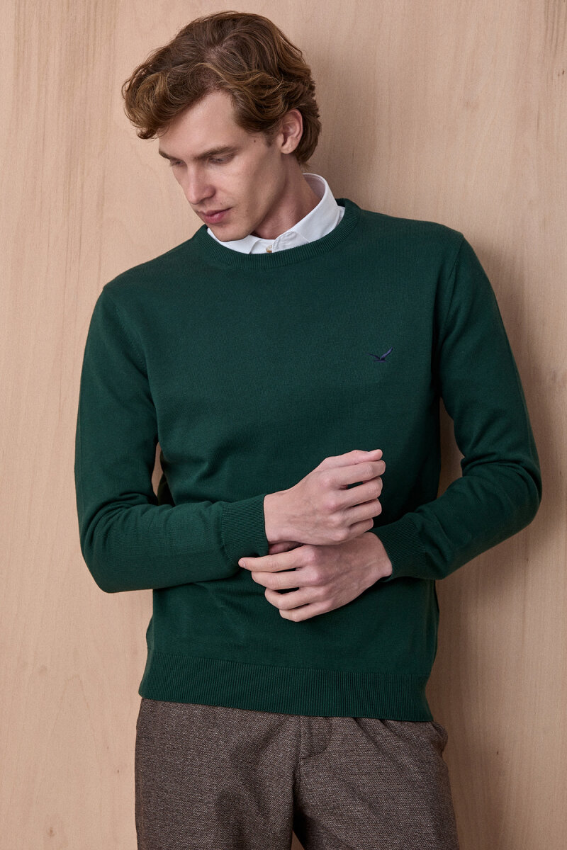 Koyu Yeşil %100 Pamuk Bisiklet Yaka Kazak