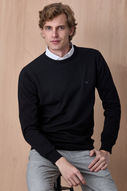 Siyah %100 Pamuk Bisiklet Yaka Kazak