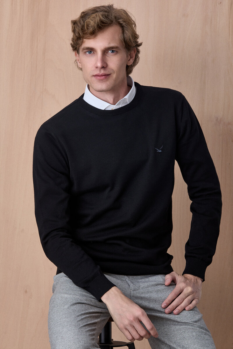 Siyah %100 Pamuk Bisiklet Yaka Kazak