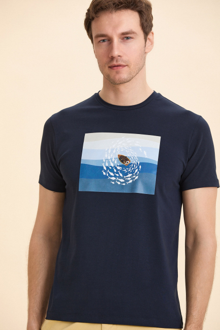 Navy Blue Crew Neck Printed T-Shirt Lacivert