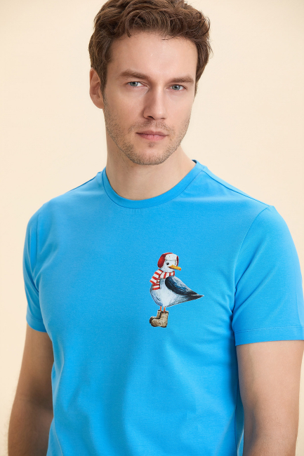 Turquoise Printed and Cotton T-Shirt Turquoise