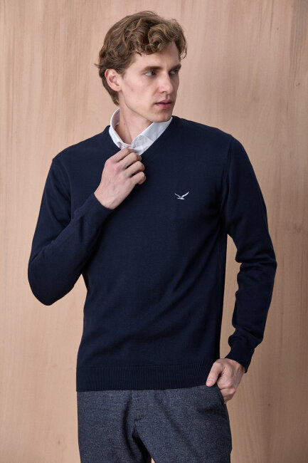 Lacivert %100 Pamuk V Yaka Kazak