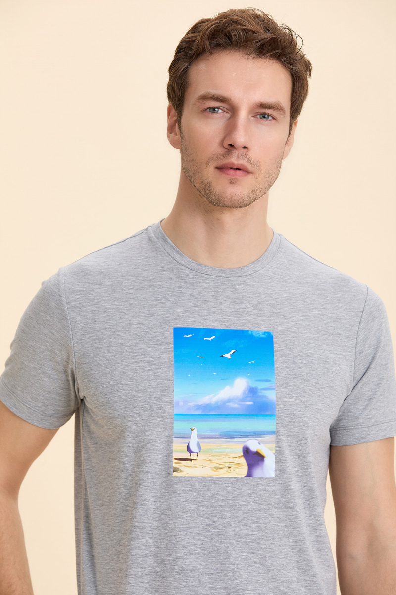 Gri Melanj Pamuklu Baskılı Tişört