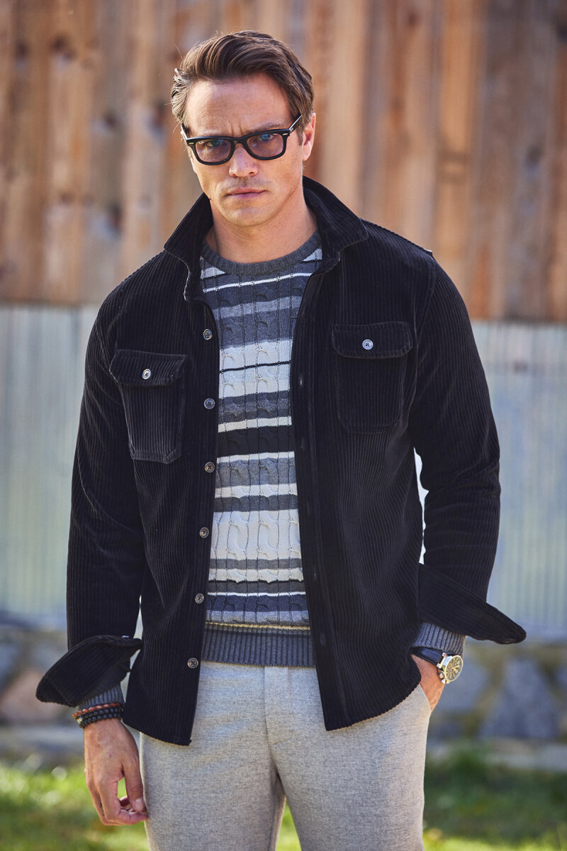 Siyah Pamuklu Kadife Dış Gömlek